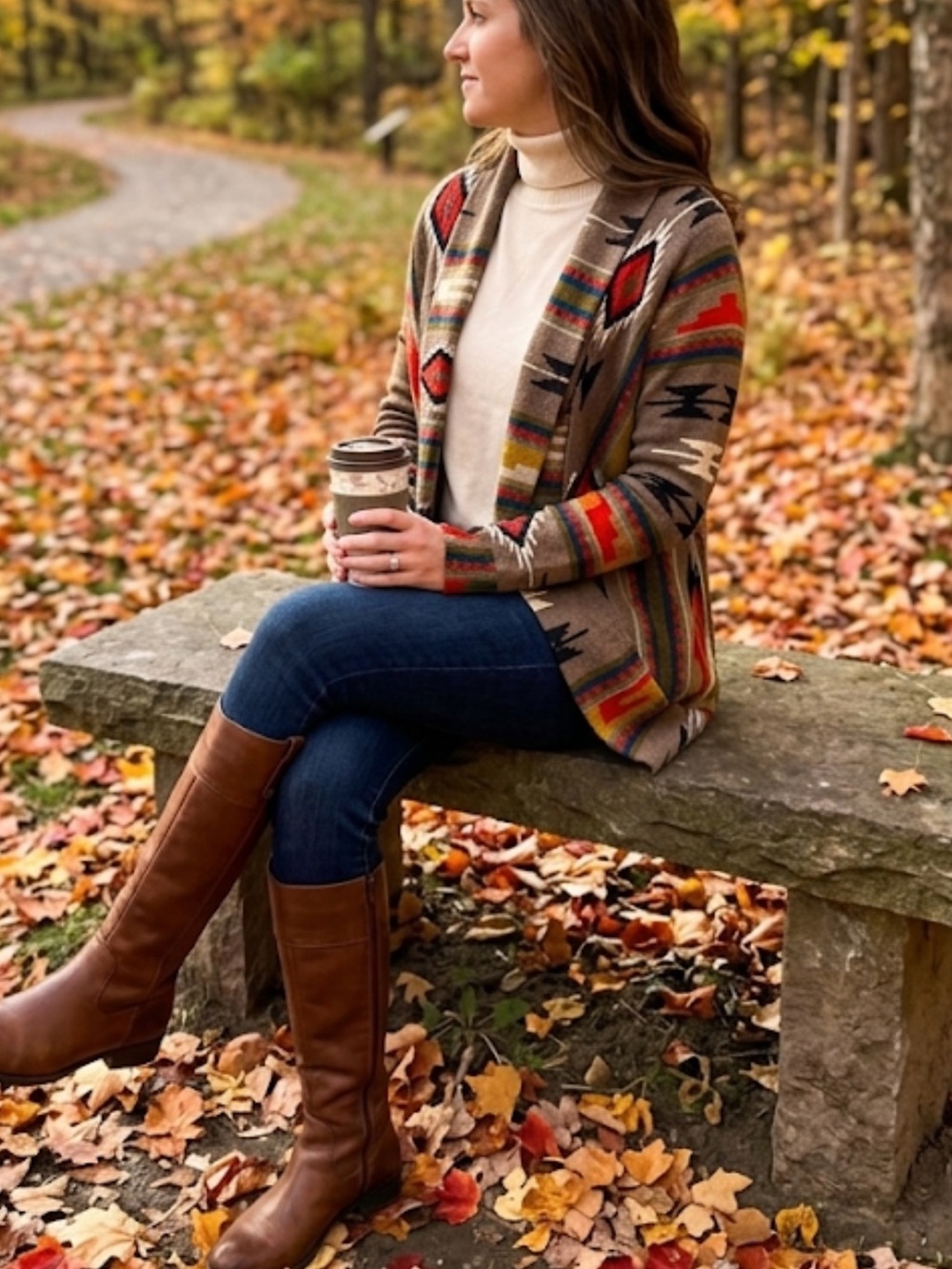 Wanna B Aztec Print Open Front Cardigan Tan Red & Green fall large EUC tribal